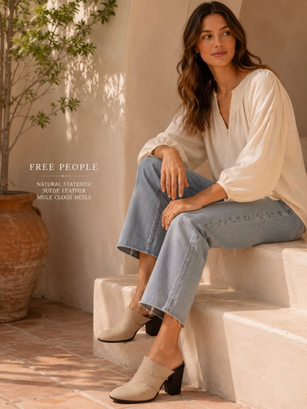 Free People Natural Stateside Suede Leather Mule Clogs Heels Sz. EU 38/US 7.5
